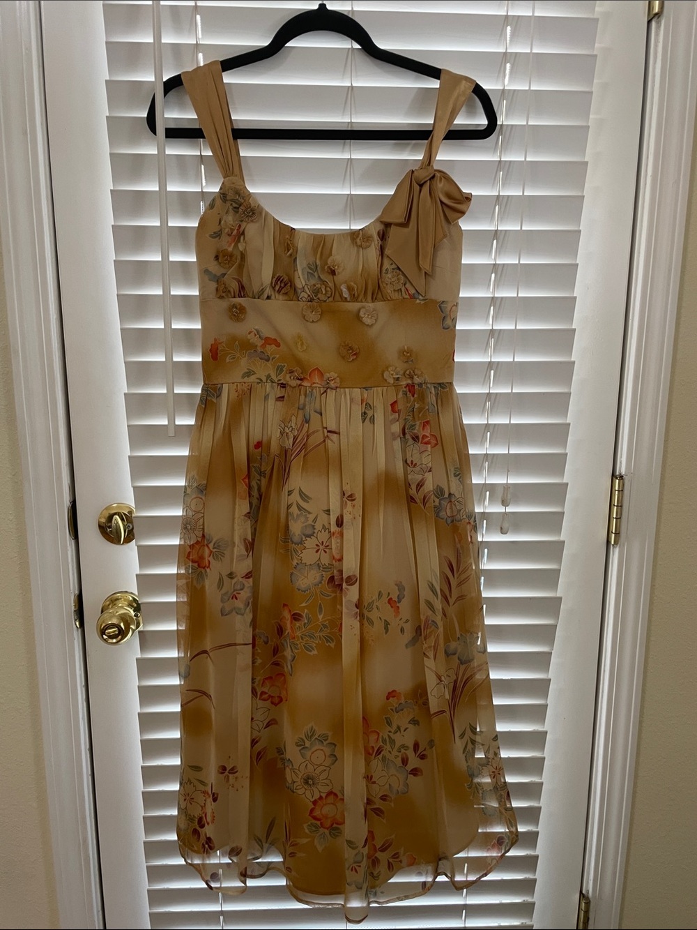 David Meister Yellow Floral Midi Dress with Bow-Shoulder Detail